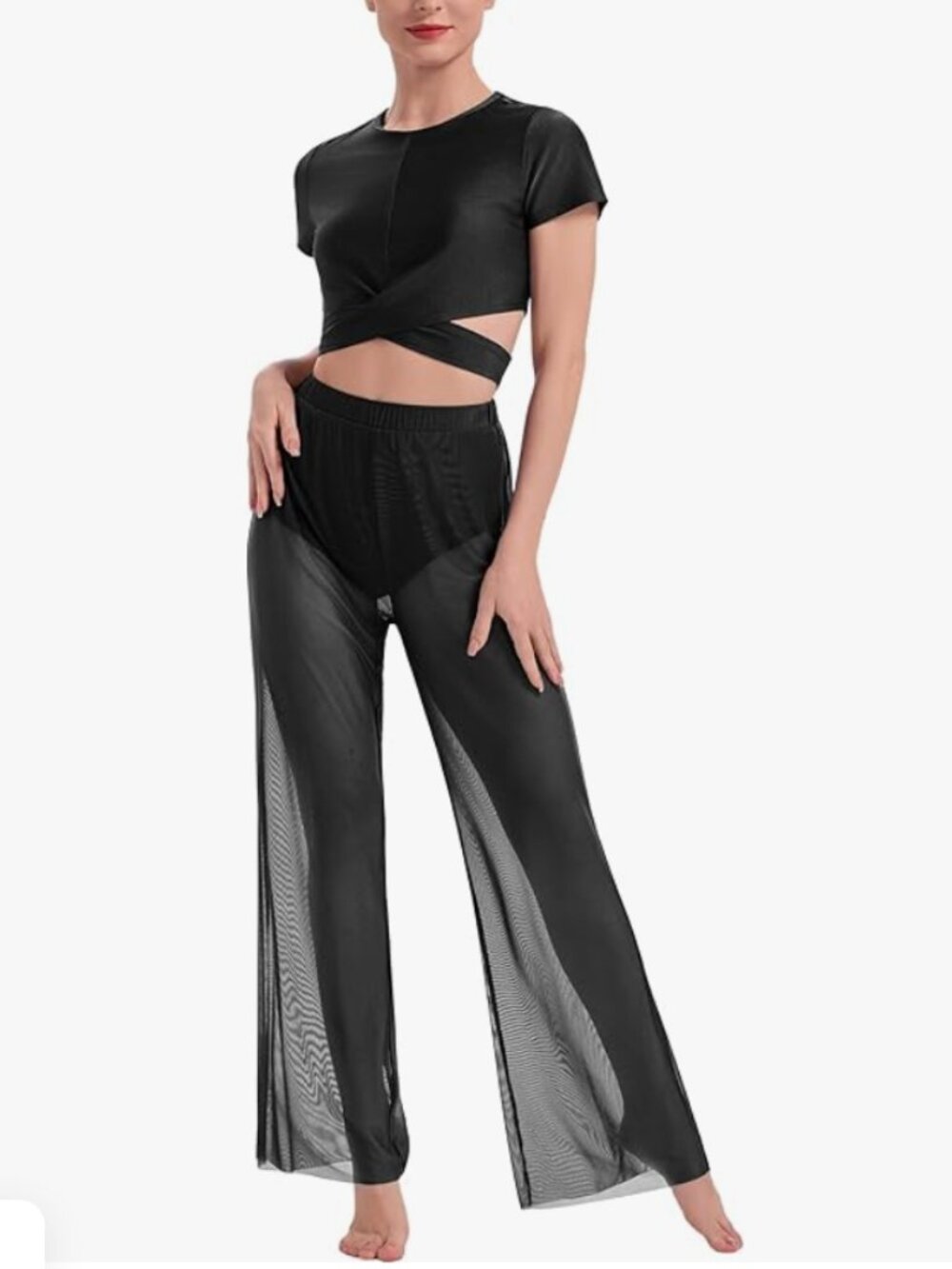 Dance Costume Short Sleeve Self Tie Elastic Leotard Wide Leg Pant Size M